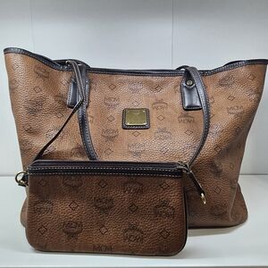 MCM Brown Leather Tote and Pouch Set